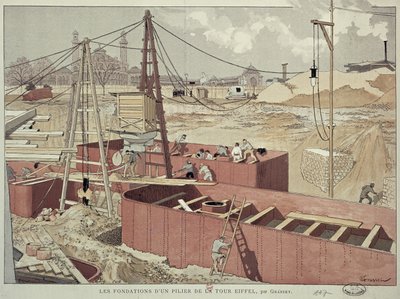 Het Leggen van de Fundamenten voor de Eiffeltoren, 1887 door Eugene Grasset